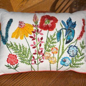Pier 1 Imports Embroidered Floral Lumbar Throw Pillow-Colorful Botanical Design